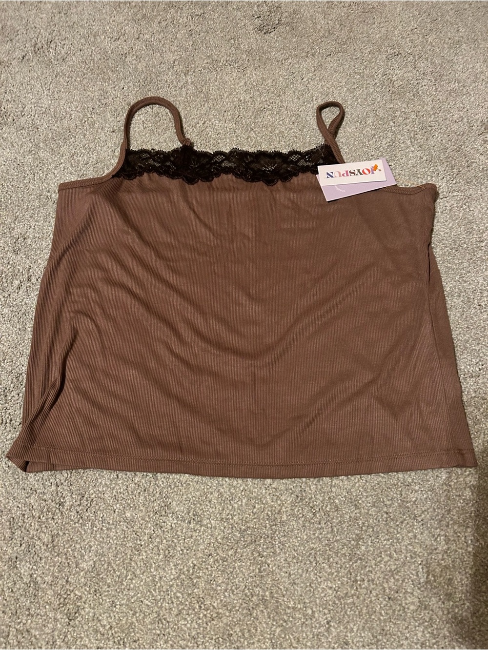 Joyspun Brown Lace-Trim Ribbed Camisole and pajama pants set.